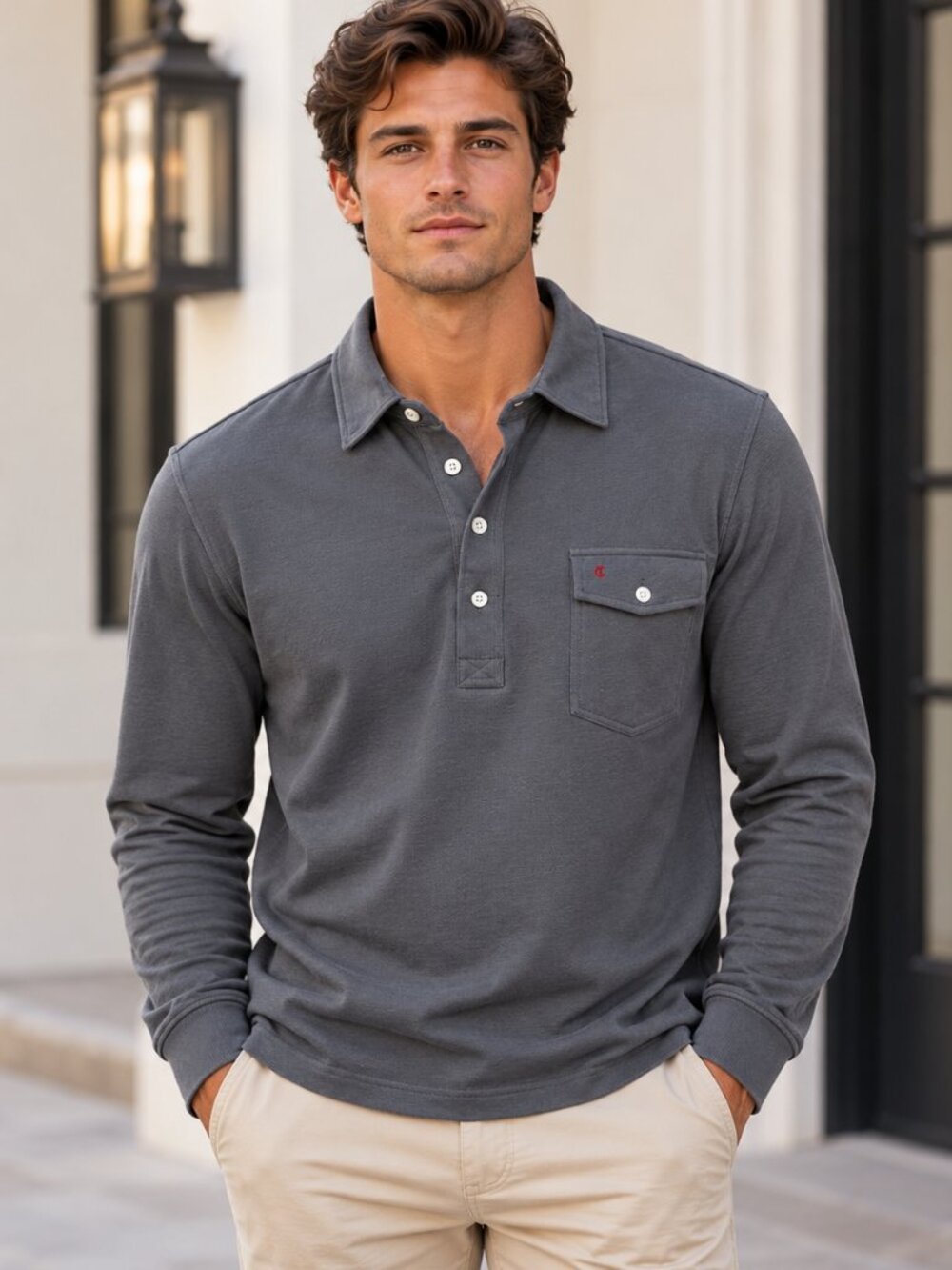 Criquet Players Long Sleeve Polo Charcoal Gray Organic Cotton Men's Large